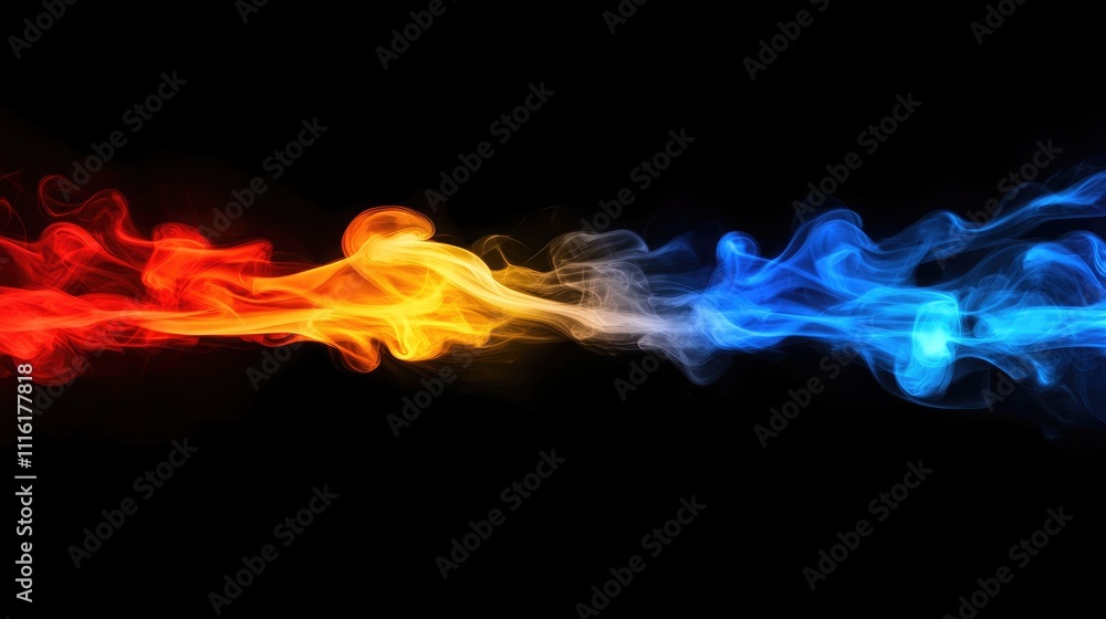 Poster Vibrant flowing smoke in red yellow and blue against a black background creating an abstract artistic backdrop for various creative projects
