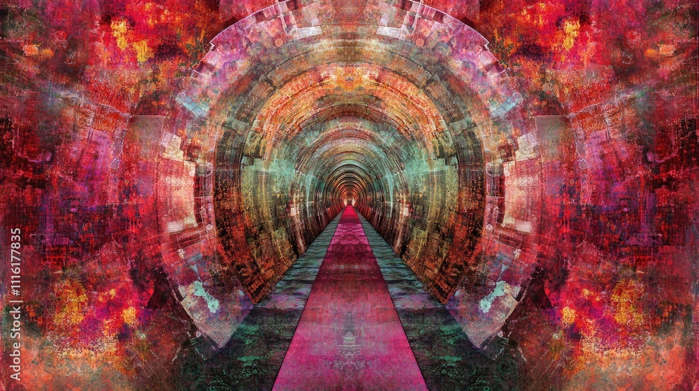 Poster vibrant abstract tunnel design showcasing a highway perspective with intricate patterns and vivid co
