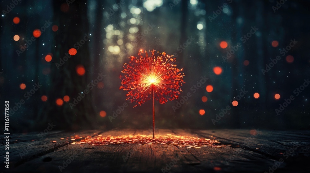 Aufkleber enchanted magical forest with sparkling sequins and glowing wand on a dark wooden background creatin
