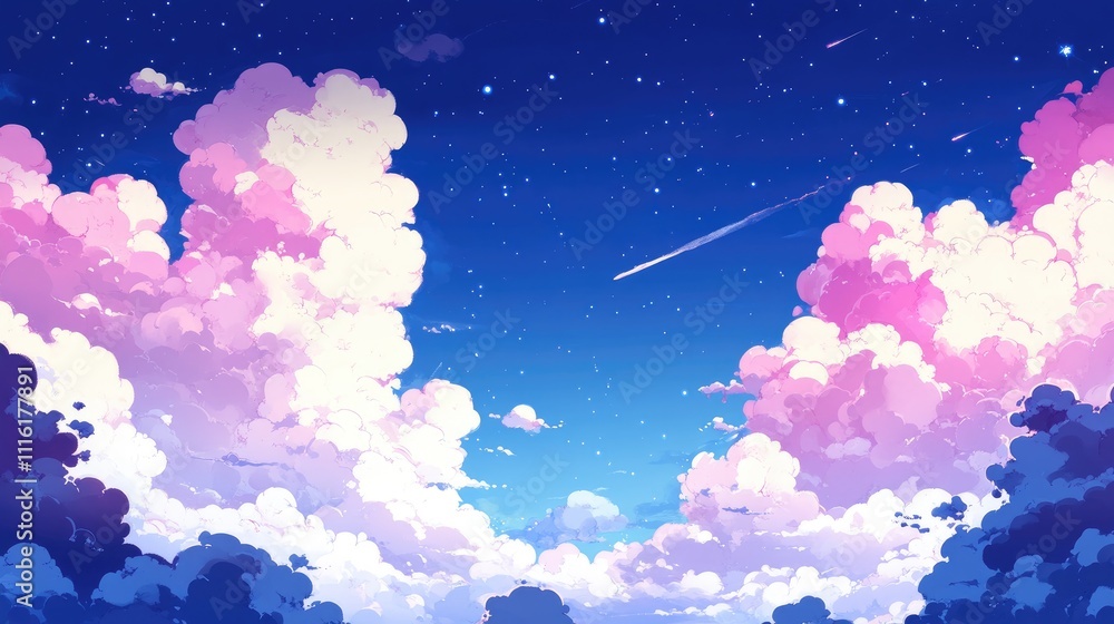 Poster Vibrant pastel sky with fluffy clouds and twinkling stars creating a serene and dreamy atmosphere for various creative projects.