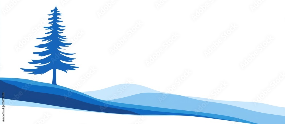 Poster christmas card design with a blue fir tree on a snowy hillside in a minimalist style