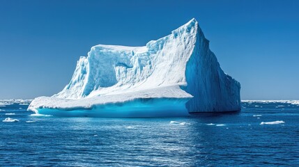 A close-up of an iceberg in deep blue water highlights the striking contrast between the clear ice and the rich ocean depths, with ample photo style copy space available.