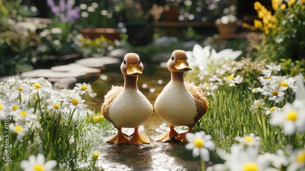 Poster Ducks strolling through a vibrant garden adorned with flowers and greenery in a peaceful tranquil setting