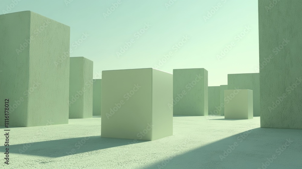 Poster abstract landscape with geometric blocks in minimalistic green tones set in a serene outdoor environ