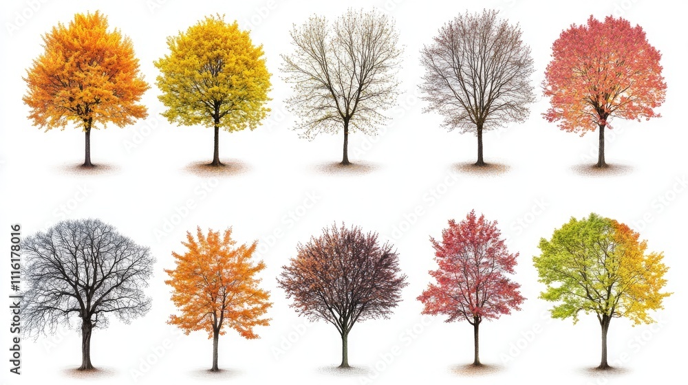 Poster seasonal tree collection showcasing various colors and textures through the year in a stylized natur