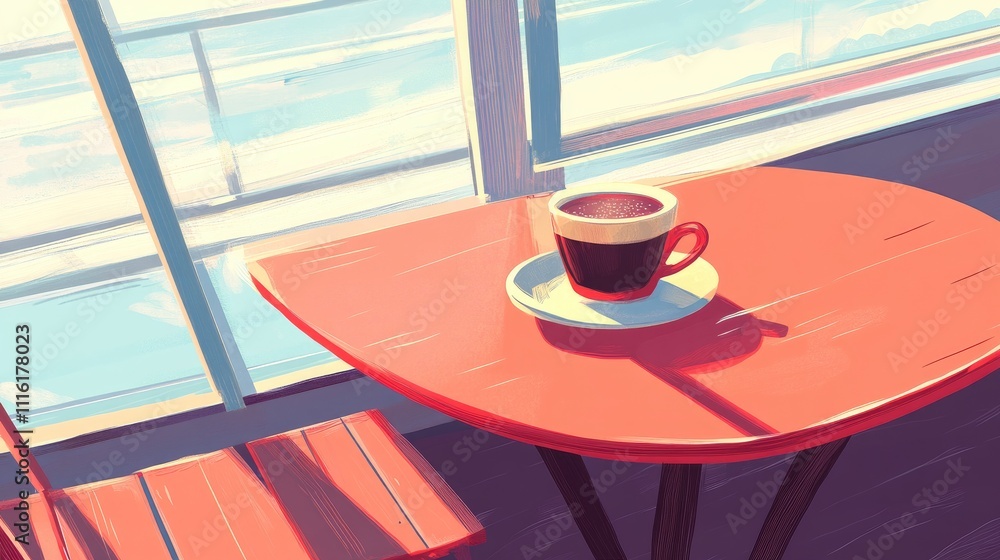 Poster cozy coffee cup on a vibrant red table with warm sunlight streaming through a window in a serene ind