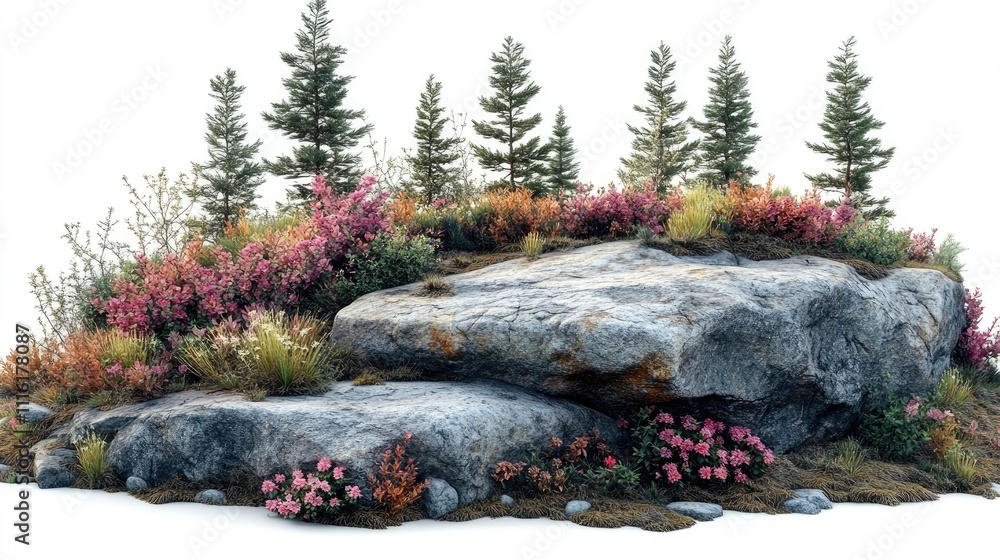 Poster rock formation surrounded by colorful flora and fir trees ideal for garden design and landscaping vi