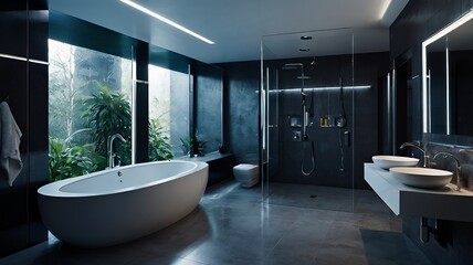 A modern bathroom that combines luxury with a touch of nature. The white freestanding oval bathtub contrasts with the dark walls and floor, creating a relaxing spa atmosphere. Modern bathroom interior