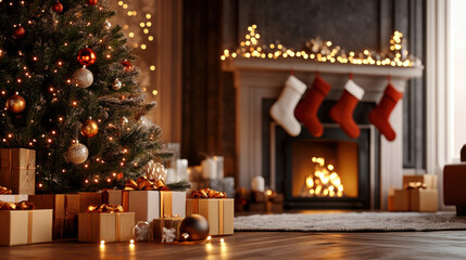 Cozy Christmas living room decorated with a festive tree, stockings, and beautifully wrapped presents beside a glowing fireplace