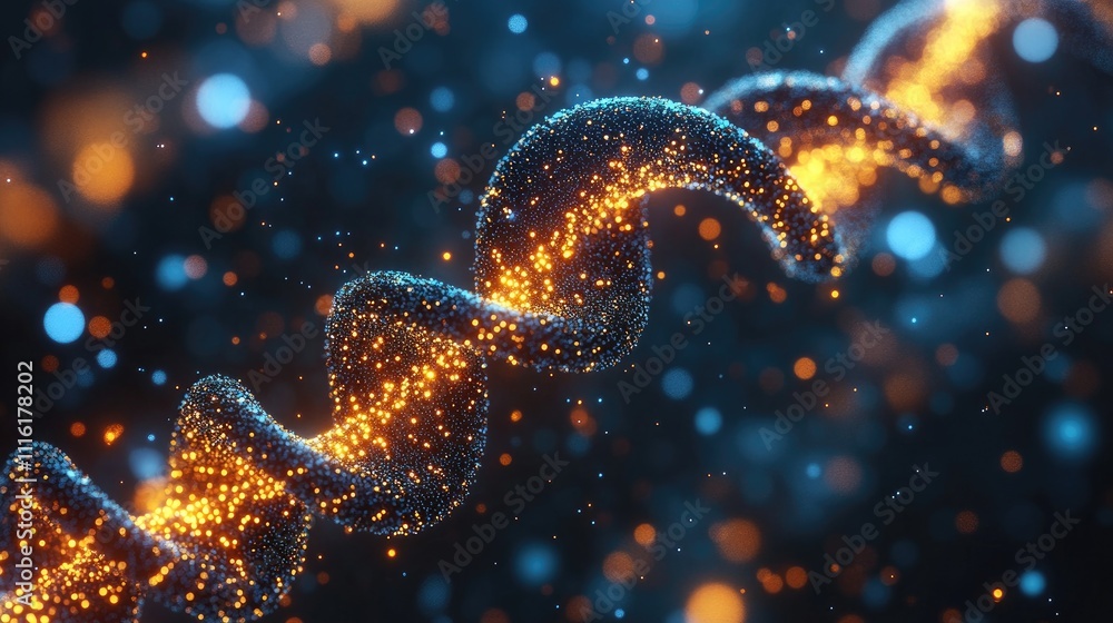 Poster abstract representation of molecular structures featuring vibrant dna strands and glowing particles 