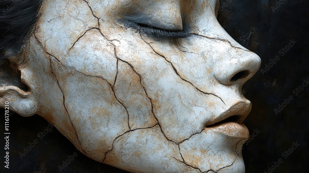 Poster ceramic mask with cracked texture displayed against a black background showcasing intricate details 