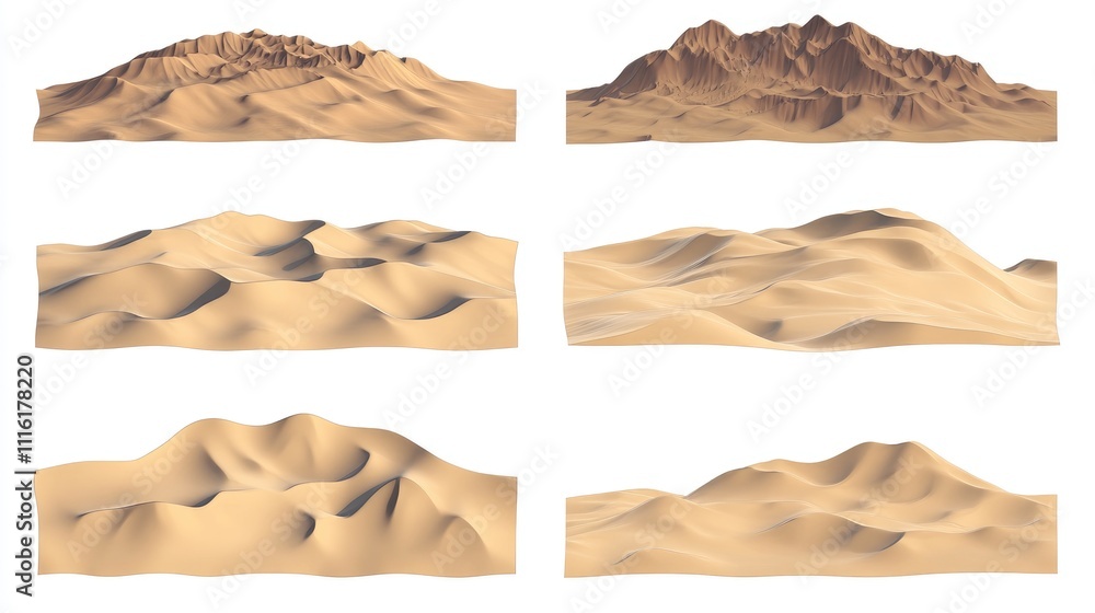 Poster desert sand dune landscape collection with varied textures and shapes isolated on white background f