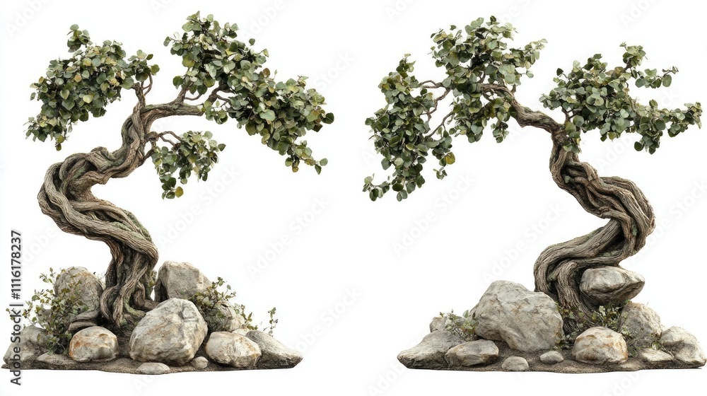 Poster twisted tree with vines and decorative stones showcasing intricate nature design isolated on a white