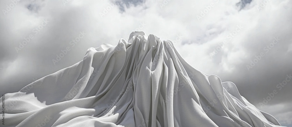 Poster flowing white fabric draped majestically with dramatic clouds in the background emphasizing texture 