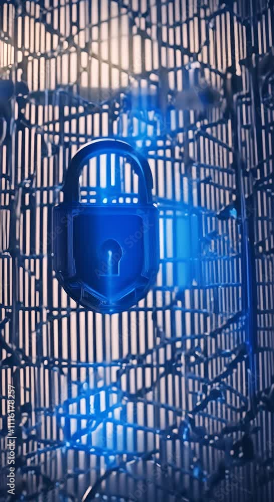 Poster a 3d padlock rises dark blue binary polygons circular digital connections protective grid security l