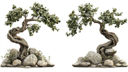 Twisted tree with vines and decorative stones showcasing intricate nature design isolated on a white background for artistic presentations