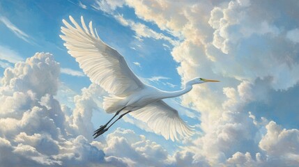 Elegant white crane in flight against a backdrop of soft blue sky and fluffy white clouds, wildlife, avian beauty, serene atmosphere, nature.