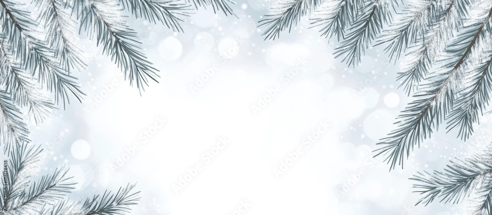 Poster Festive Christmas backdrop with pine branches and bokeh lights creating an elegant frame for text and holiday decorations in a winter setting