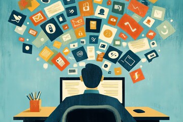 An adult with ADHD is focused on work at a desk, surrounded by distracting digital icons