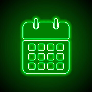 Calendar simple icon vector. Flat design. Green neon on black background with green light