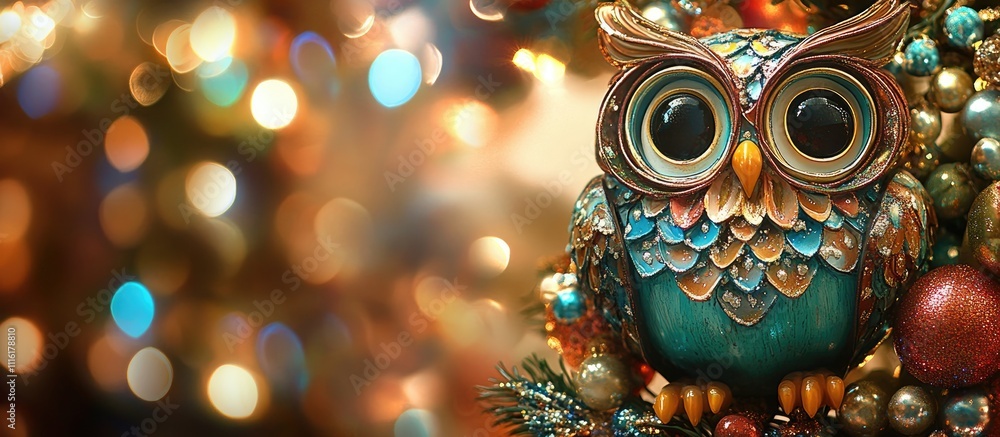 Poster owl shaped new year decoration on a tree with colorful bokeh lights creating a festive atmosphere fo