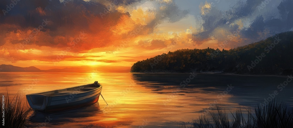 Poster sunset reflection over tranquil waters with a boat anchored on a serene shoreline amidst lush greene