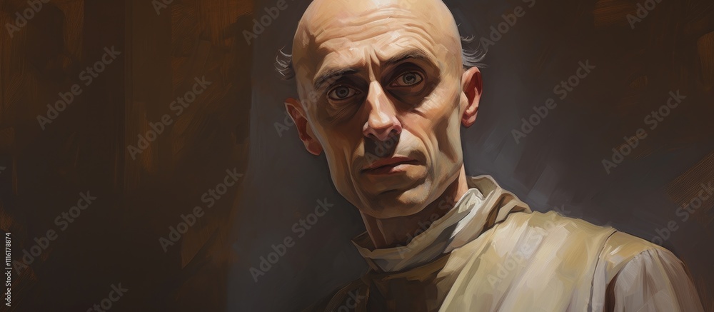 Poster portrait of a man with a contemplative expression looking directly at the viewer in a dramatic light