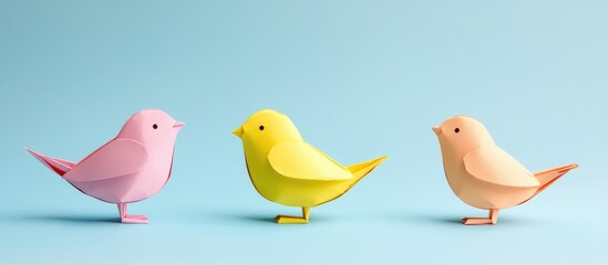 Fototapeta premium Colorful origami birds in pastel shades on a soft blue background perfect for spring invitations or summer postcards creative designs.