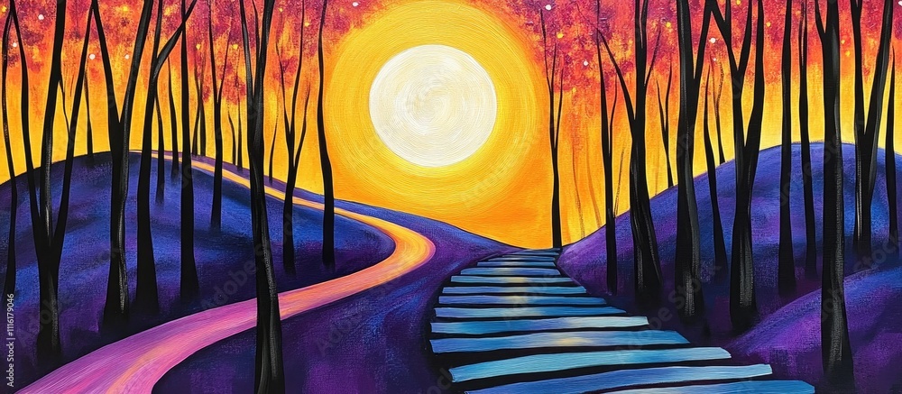 Poster moonlit forest pathway with vibrant sunset colors and abstract tree silhouettes creating a serene an