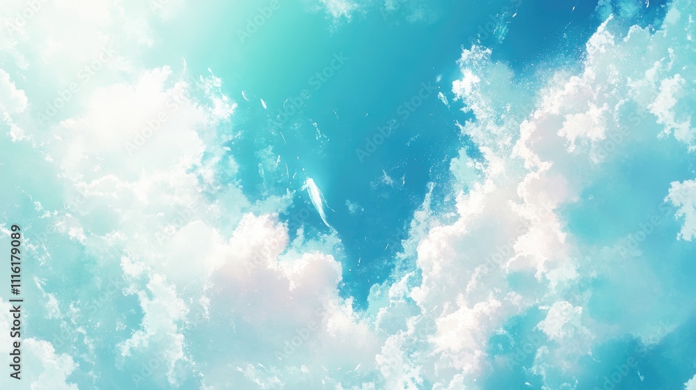 Poster Serene blue sky with soft white clouds creating a tranquil and peaceful atmosphere for backgrounds and design projects.