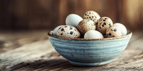 Obraz premium A bowl filled with fresh quail eggs is placed on a rustic wooden table, showcasing the delicate and unique nature of these small eggs.