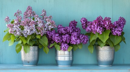 Purple lilacs arranged in silver pots alongside vibrant green leaves create a stunning floral display against a blue wooden background, perfect for spring and summer. Copy space available.