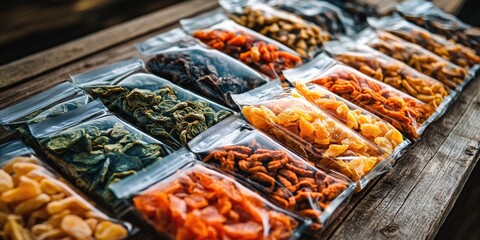 Packages of dried snacks for mountain climbers are placed on a wooden table, emphasizing the portable and convenient nature of the food intended for outdoor enthusiasts.