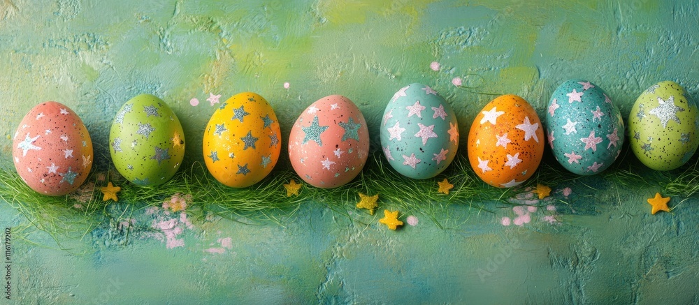 Poster colorful easter eggs decorated with stars arranged in a row on a green textured background for a fes