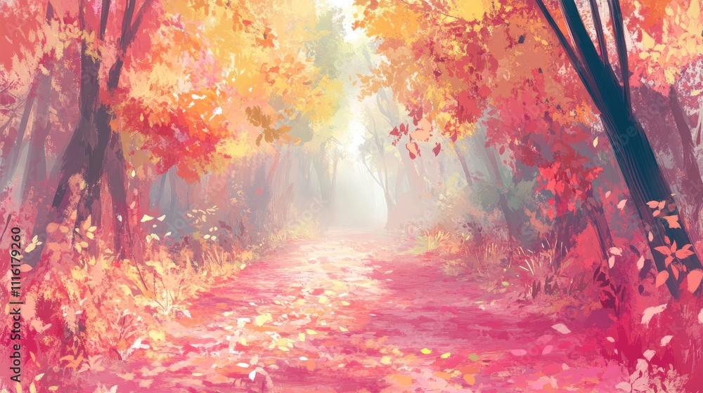 Poster surreal autumn forest path illuminated by soft light and vibrant colorful leaves creating a tranquil