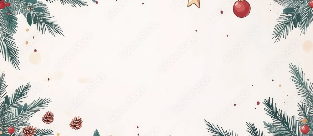 Poster christmas and new year decorative frame with fir branches red and golden baubles pine cones star and
