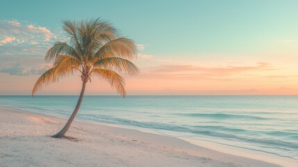 Fototapeta premium Serene Beach Scene with a Palm Tree under a Colorful Sky at Sunset