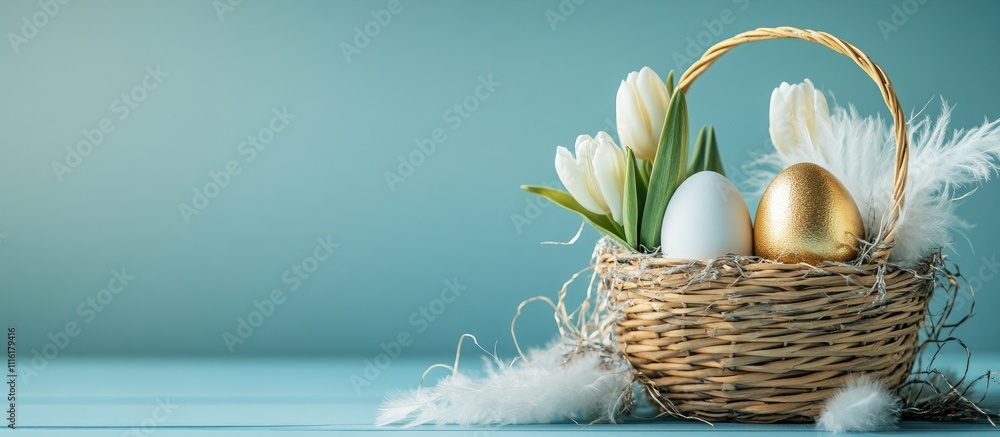 Poster easter basket with golden and white eggs surrounded by spring tulips and feathers on a pastel backdr