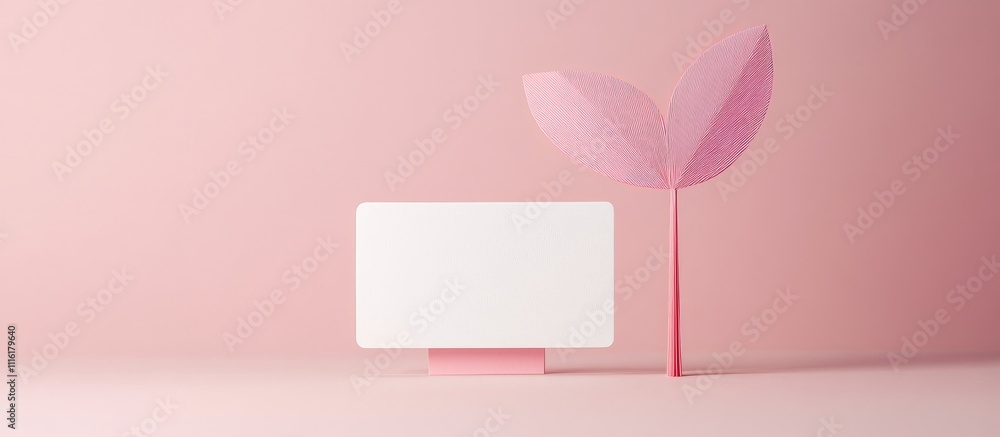 Poster minimalistic greeting card display with pink paper tree model on soft pastel background for festive 