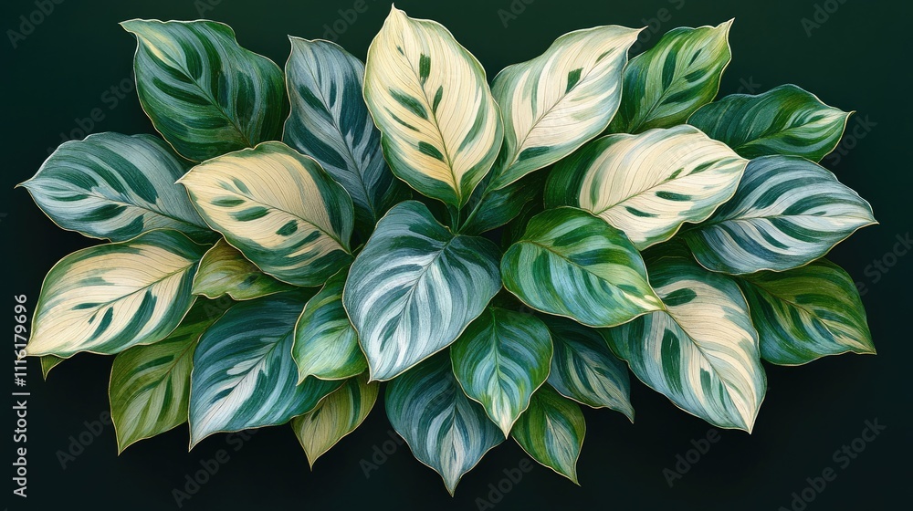 Poster calathea ornata ornamental foliage arranged on green background showcasing vibrant leaf patterns and