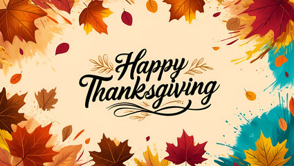A vibrant autumn-themed Thanksgiving illustration featuring a whimsical scattering of colorful falling leaves in shades of burnt orange, amber, and crimson,