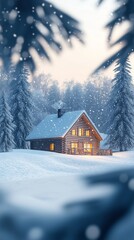 Fototapeta premium Warm Cozy Log Cabin Amidst Beautiful Winter Snowy Landscape