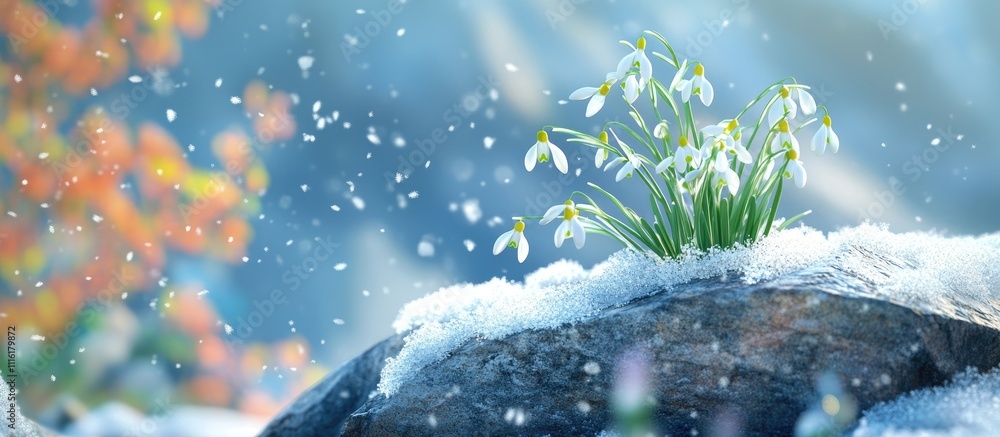 Poster spring greeting card template featuring snowdrop flowers with a soft focus blue background and snow 