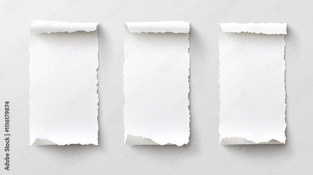Aufkleber white torn paper pieces with uneven edges arranged on a smooth gray background, ideal for texture an