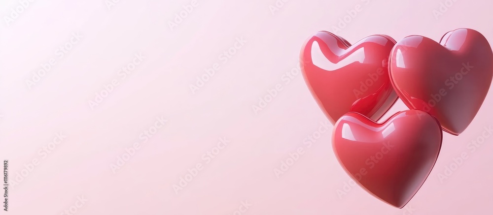 Poster minimalistic design featuring glossy red hearts on a soft pink background ideal for celebrations and