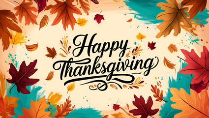 A vibrant autumn-themed Thanksgiving illustration featuring a whimsical scattering of colorful falling leaves in shades of burnt orange, amber, and crimson,