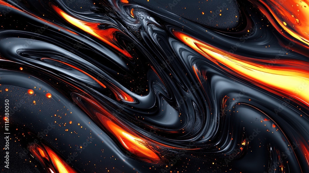 Fototapete Abstract fluid art with black and red tones featuring a dynamic burning flame effect and swirling patterns for modern backgrounds