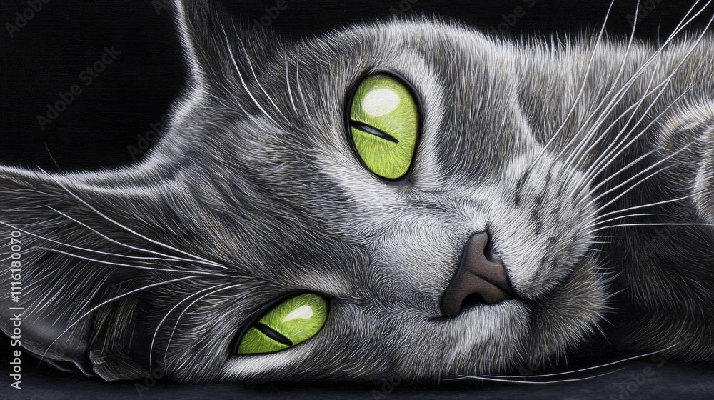 Poster close up portrait of a gray cat with striking green eyes resting on a dark background capturing deta