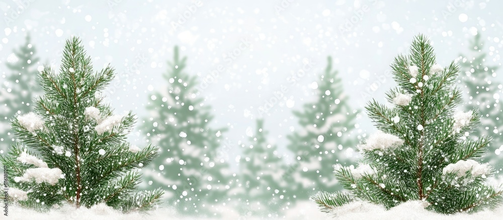 Aufkleber festive winter landscape with snow-covered pine trees and soft snowflakes creating a serene new year