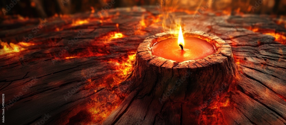 Aufkleber candle flame glowing atop a wooden stump with fiery background creating a warm and captivating atmos